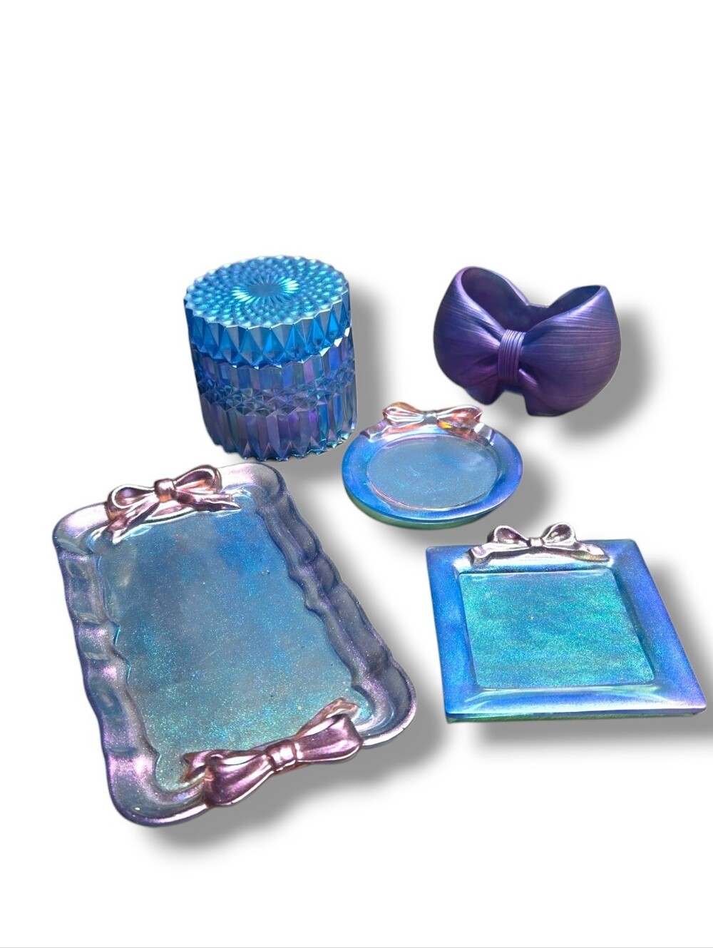Iridescent Blue Purple Vanity Tray & Bowl Set with Bow Accents 5 Pieces